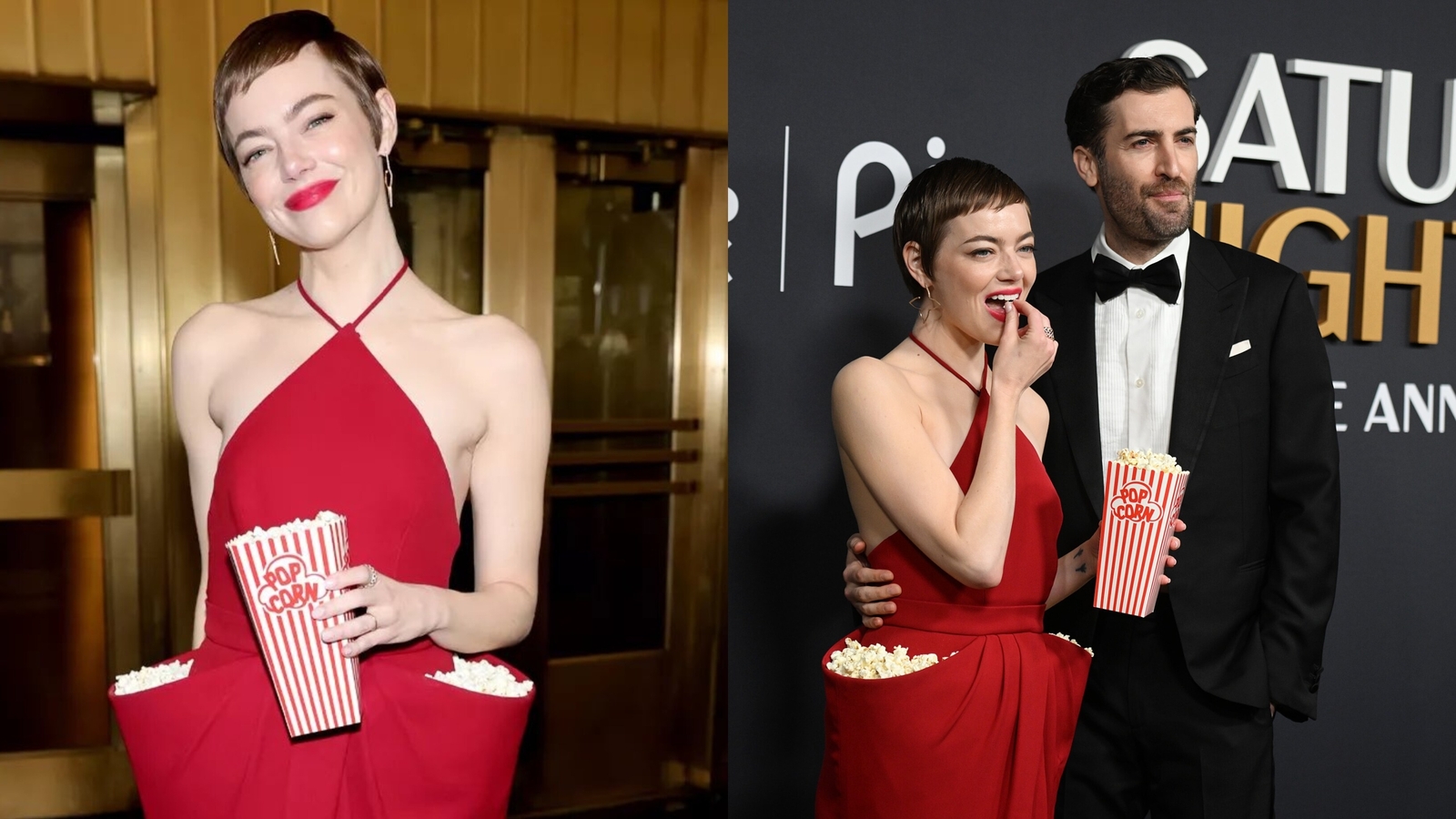 Emma Stone's Stunning Popcorn Dress At The SNL 50th Anniversary Special Emma Stone's Stunning Popcorn Dress At The SNL 50th Anniversary Special