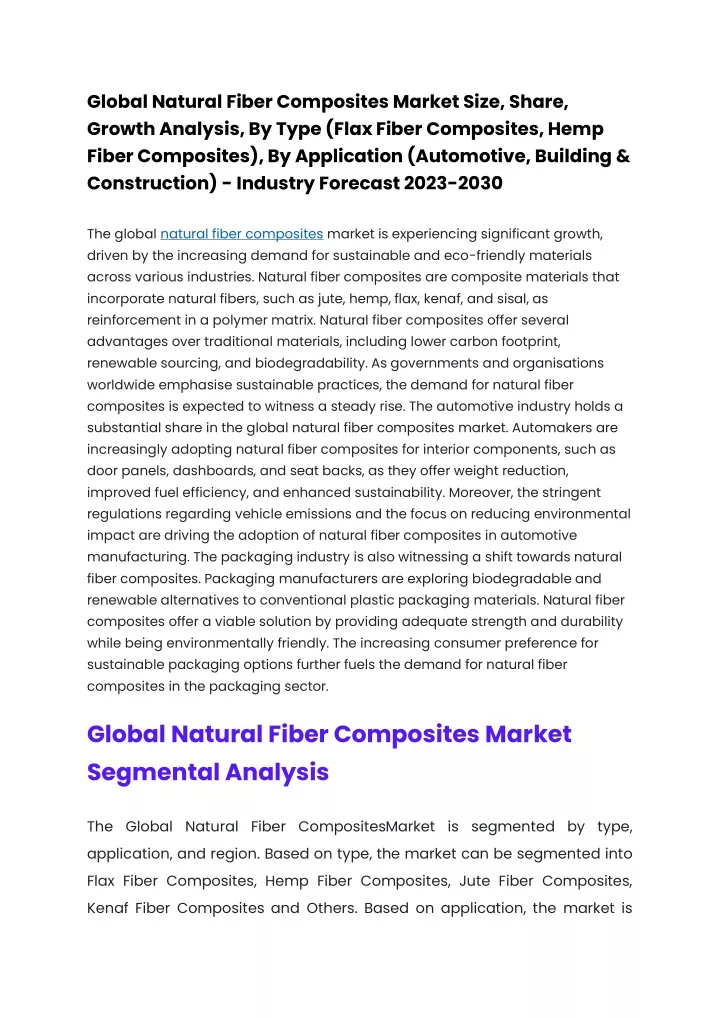 Global Natural Fiber Composites Market Outlook To 2029 Global Natural Fiber Composites Market Outlook To 2029