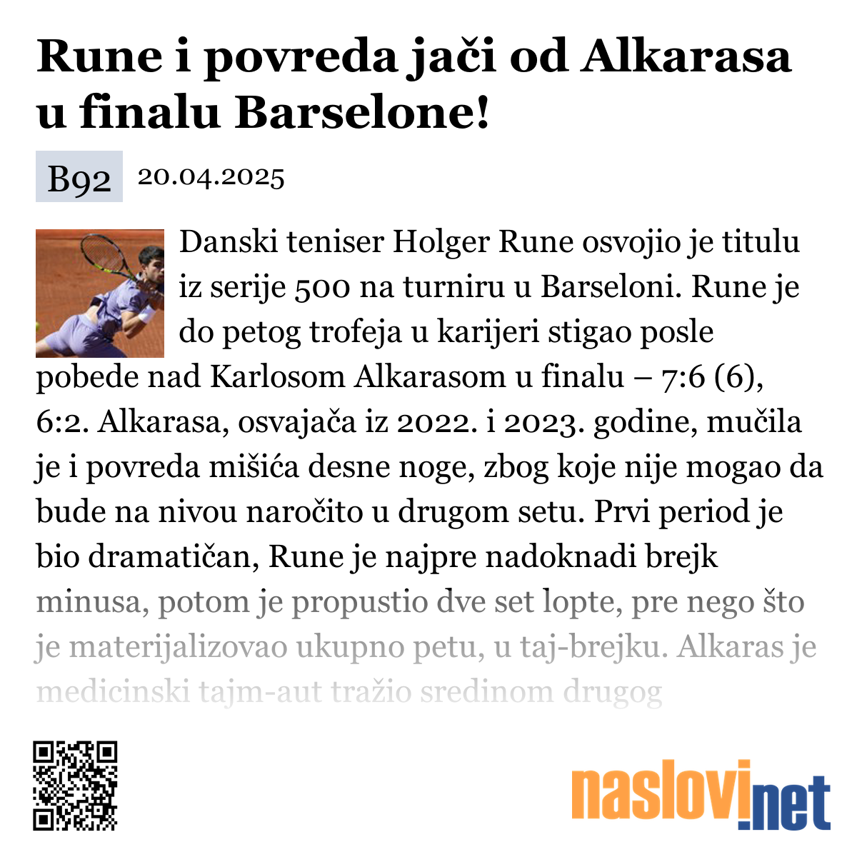 Rune Bolji Od Povređenog Alcarasa U Finalu Barselone Rune Bolji Od Povređenog Alcarasa U Finalu Barselone